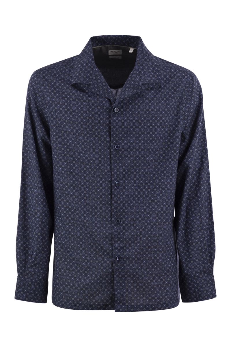 BRUNELLO CUCINELLI Geometric Print Easy Fit Twill Shirt with Camp Collar
