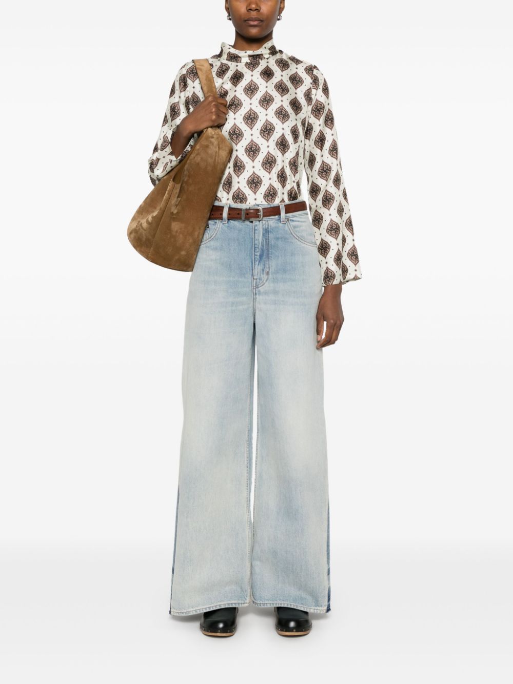 ALBERTO BIANI Floral Print Silk Satin Weave Mock Neck Long Sleeve T-Shirt