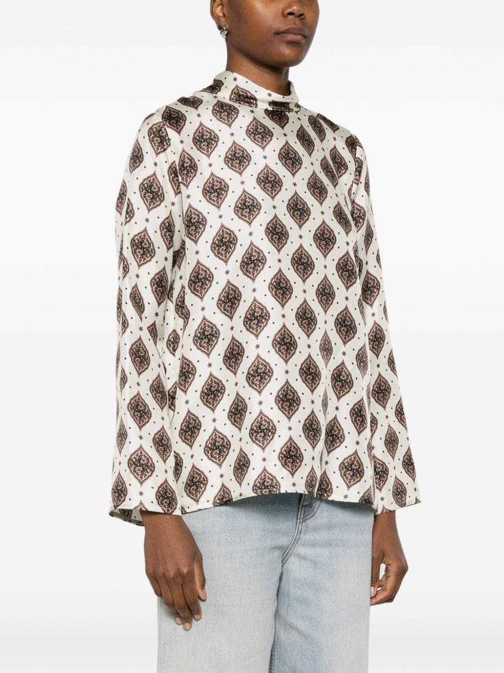ALBERTO BIANI Floral Print Silk Satin Weave Mock Neck Long Sleeve T-Shirt