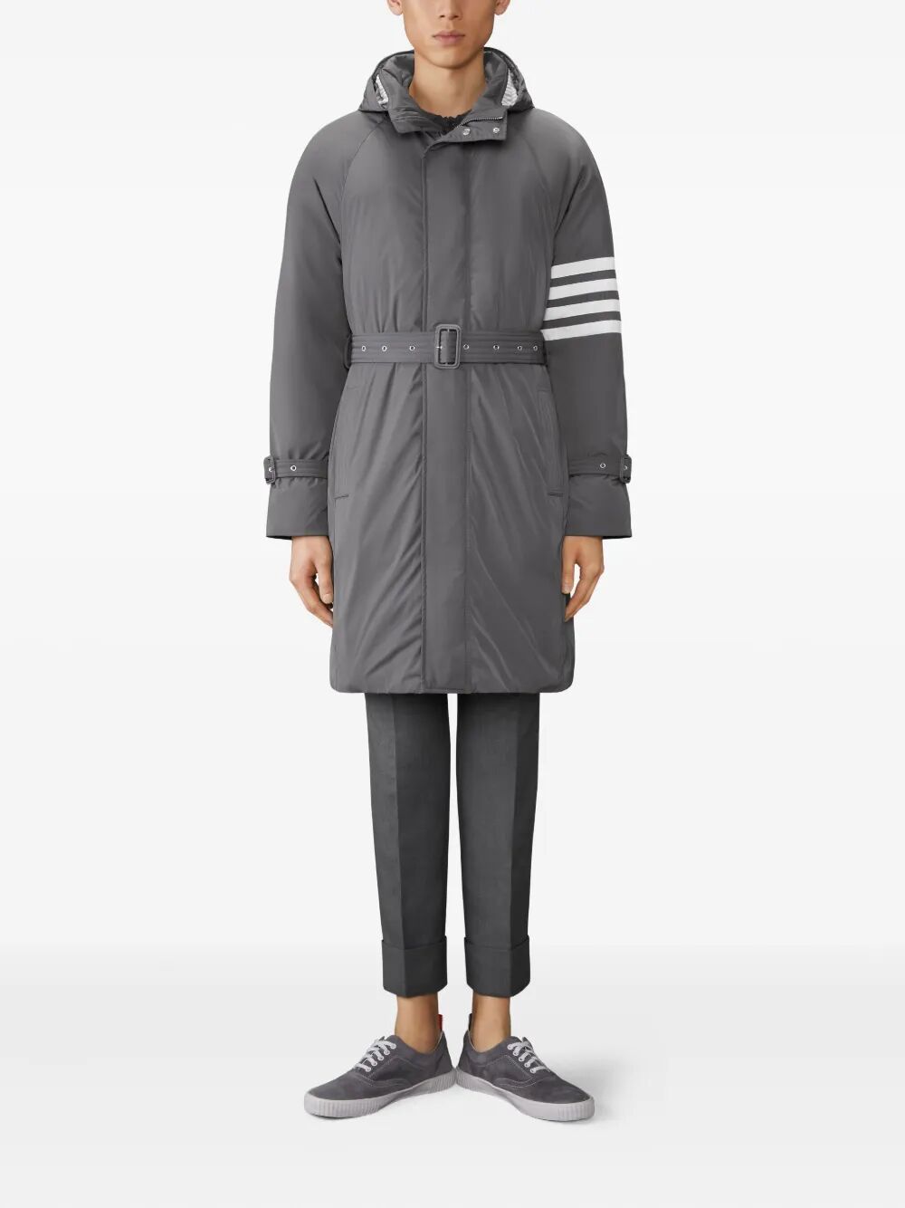 THOM BROWNE 4-Bar Hooded Down Parka Jacket with Belt