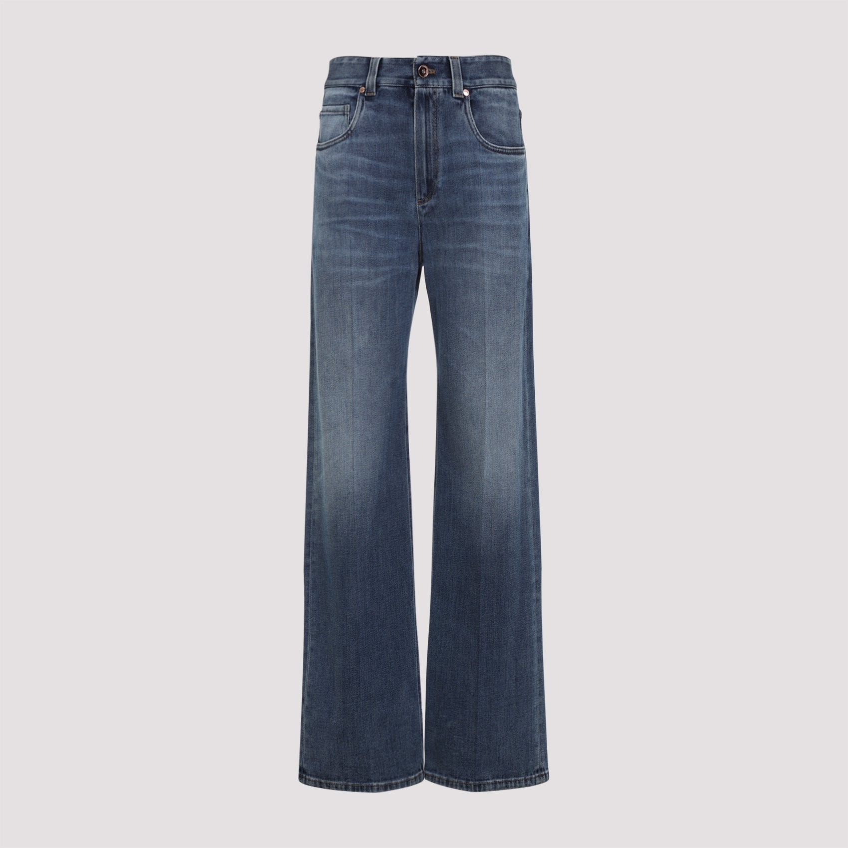 BRUNELLO CUCINELLI Contemporary Loose Trousers in Comfort Cotton Denim with Embellishments