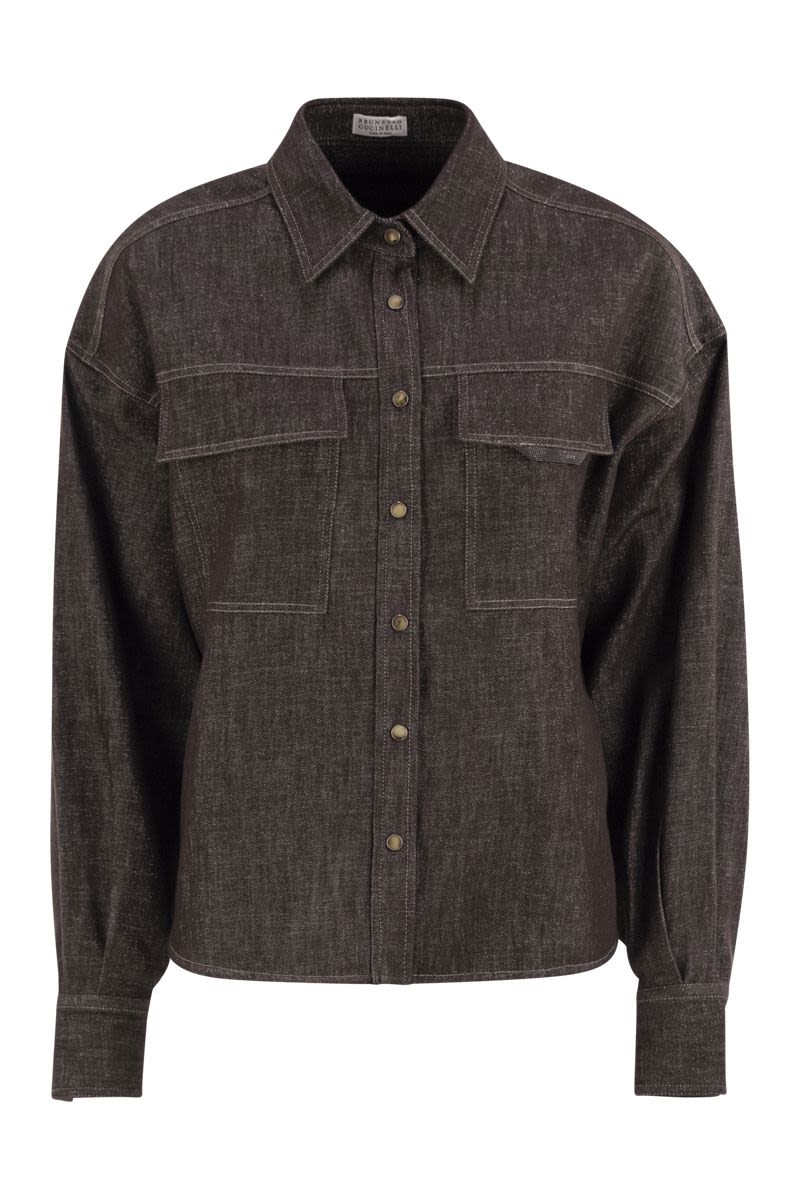 BRUNELLO CUCINELLI Sparkling No-Fade Denim Shirt with Shiny Flap Detail