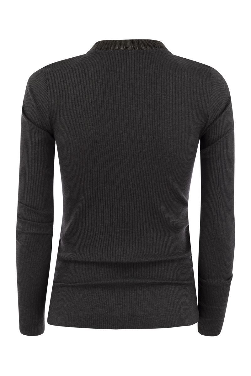 BRUNELLO CUCINELLI Ribbed Stretch Cotton T-Shirt with Embellished Neckline