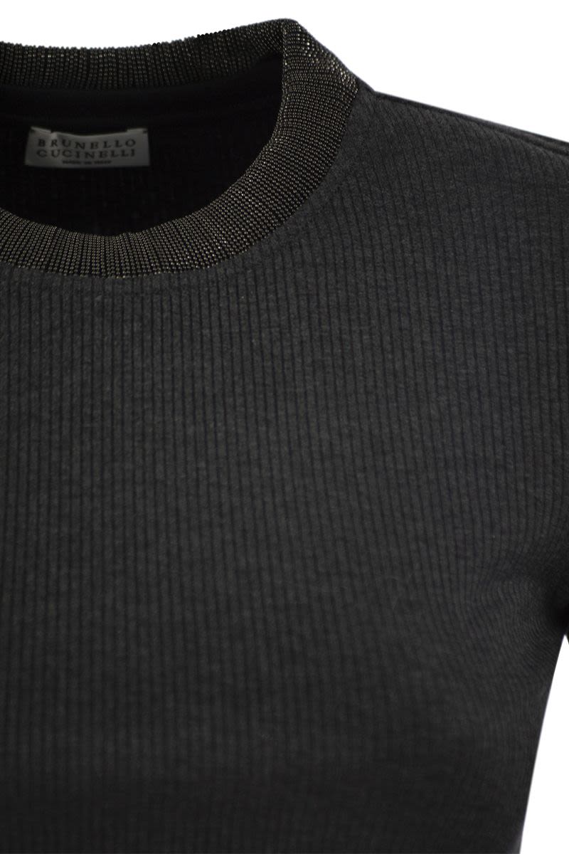 BRUNELLO CUCINELLI Ribbed Stretch Cotton T-Shirt with Embellished Neckline