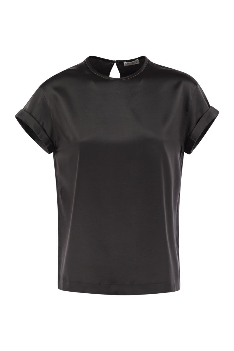 BRUNELLO CUCINELLI Silk Satin Stretch T-Shirt with Jewel Detail