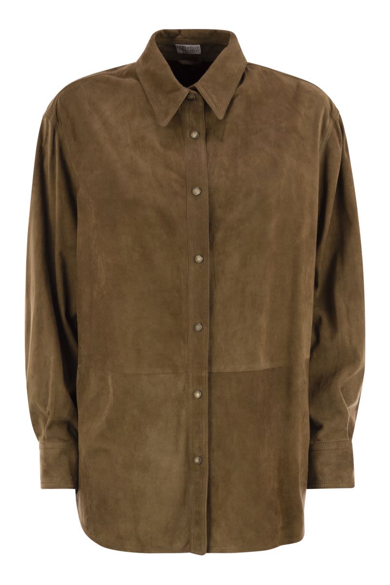 BRUNELLO CUCINELLI Oversized Suede Shirt with Iconic Embroidery