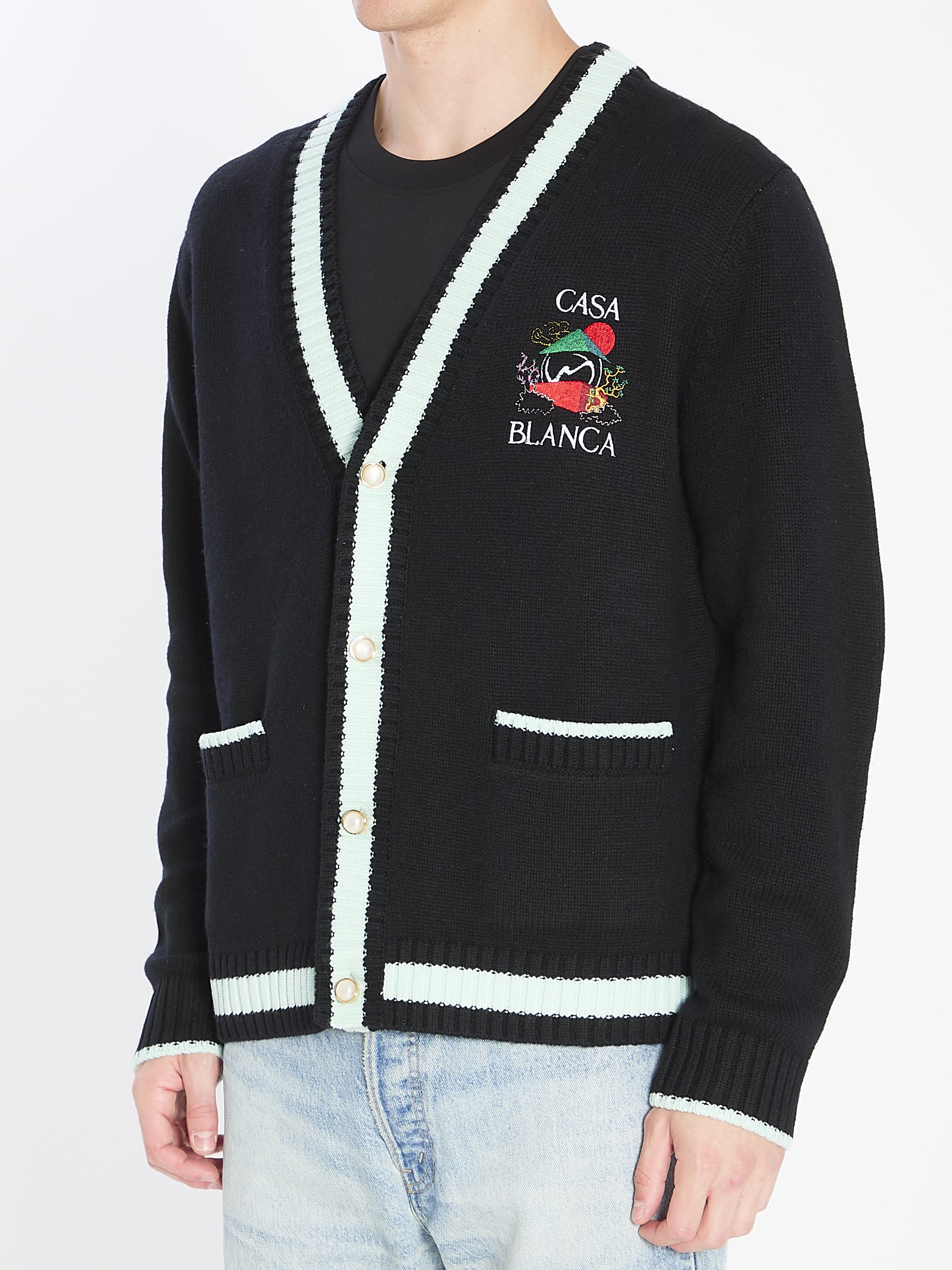 CASABLANCA Men's Cardigan with Stacked Mountain Temple Design - Size L