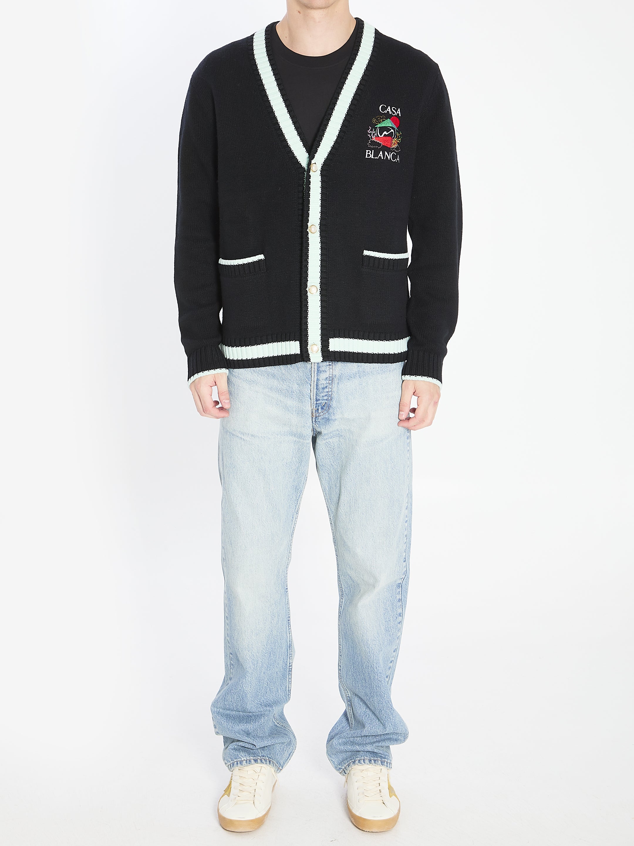 CASABLANCA Men's Cardigan with Stacked Mountain Temple Design - Size L