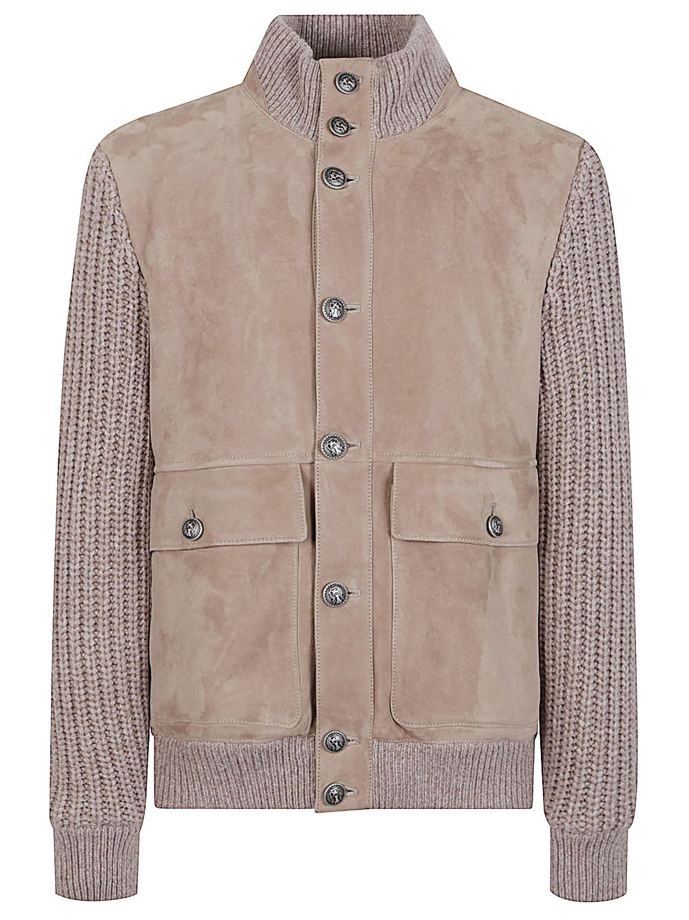 BRUNELLO CUCINELLI Suede Shearling Bomber Jacket with Cashmere Knit Details