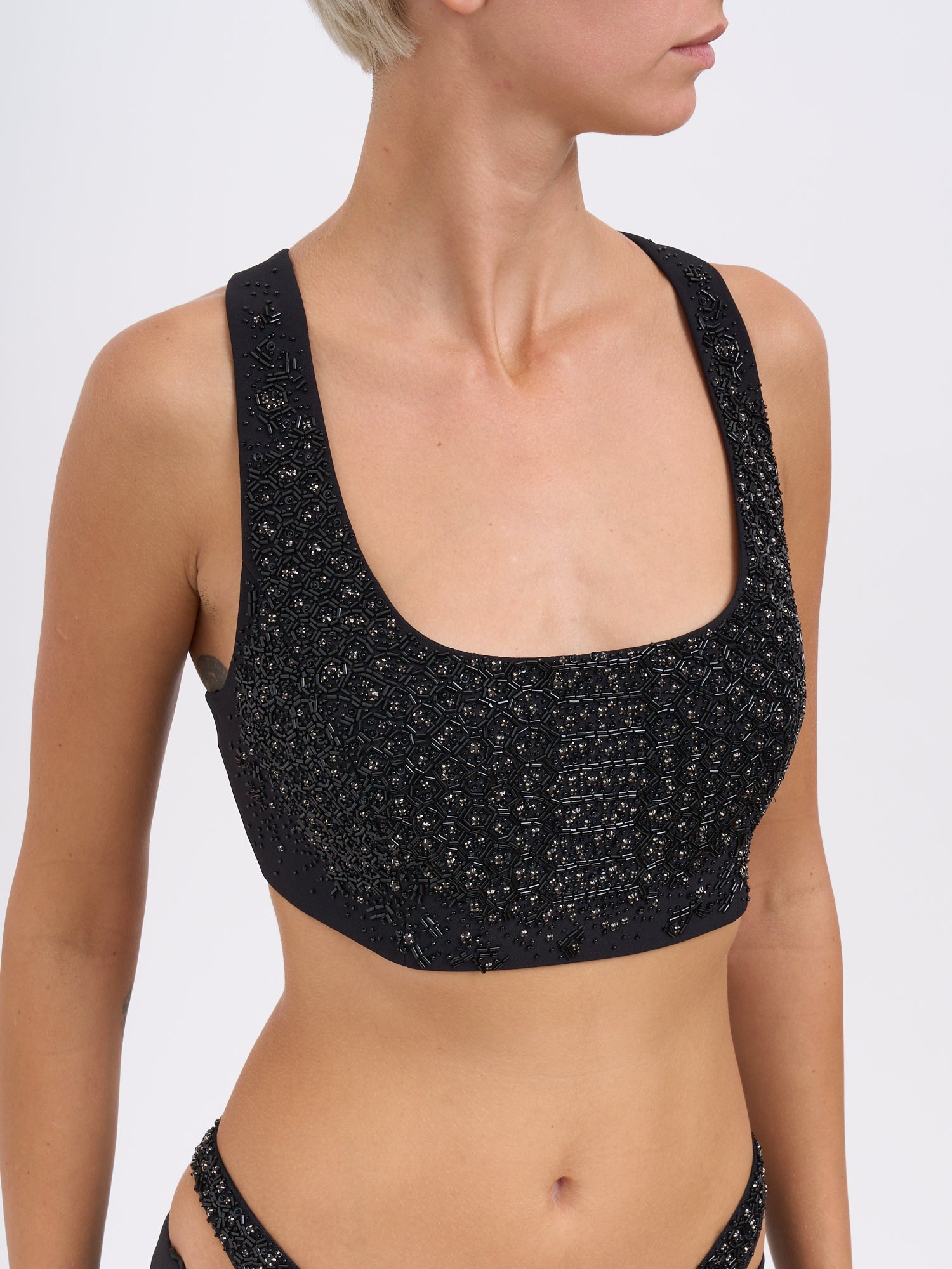 ELISABETTA FRANCHI Satin Mini Top with Crystals - Size 40