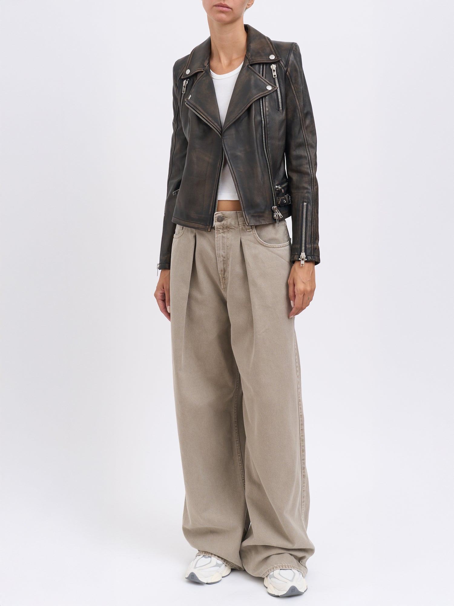 SWORD Women's Distressed Leather Biker Jacket - Size 42