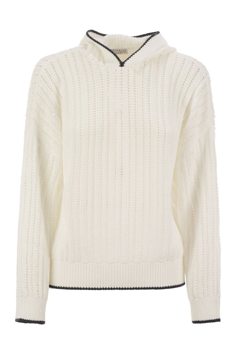 BRUNELLO CUCINELLI Perforated Rib Cotton Knit Topwear with Hood and Necklace