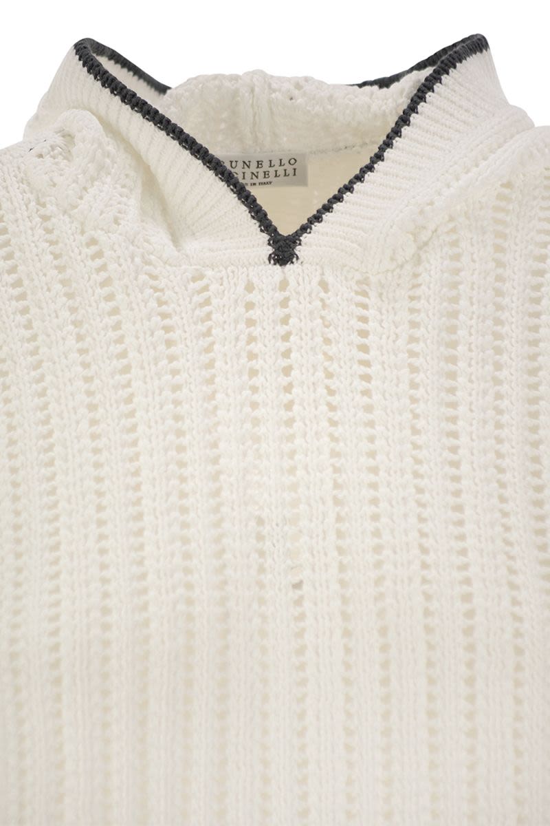 BRUNELLO CUCINELLI Perforated Rib Cotton Knit Topwear with Hood and Necklace