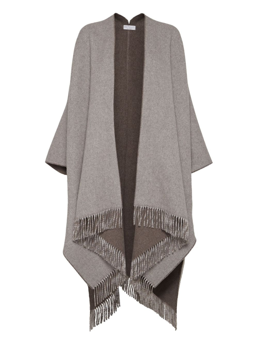 BRUNELLO CUCINELLI Wool Poncho with Herringbone Pattern and Fringed Edges