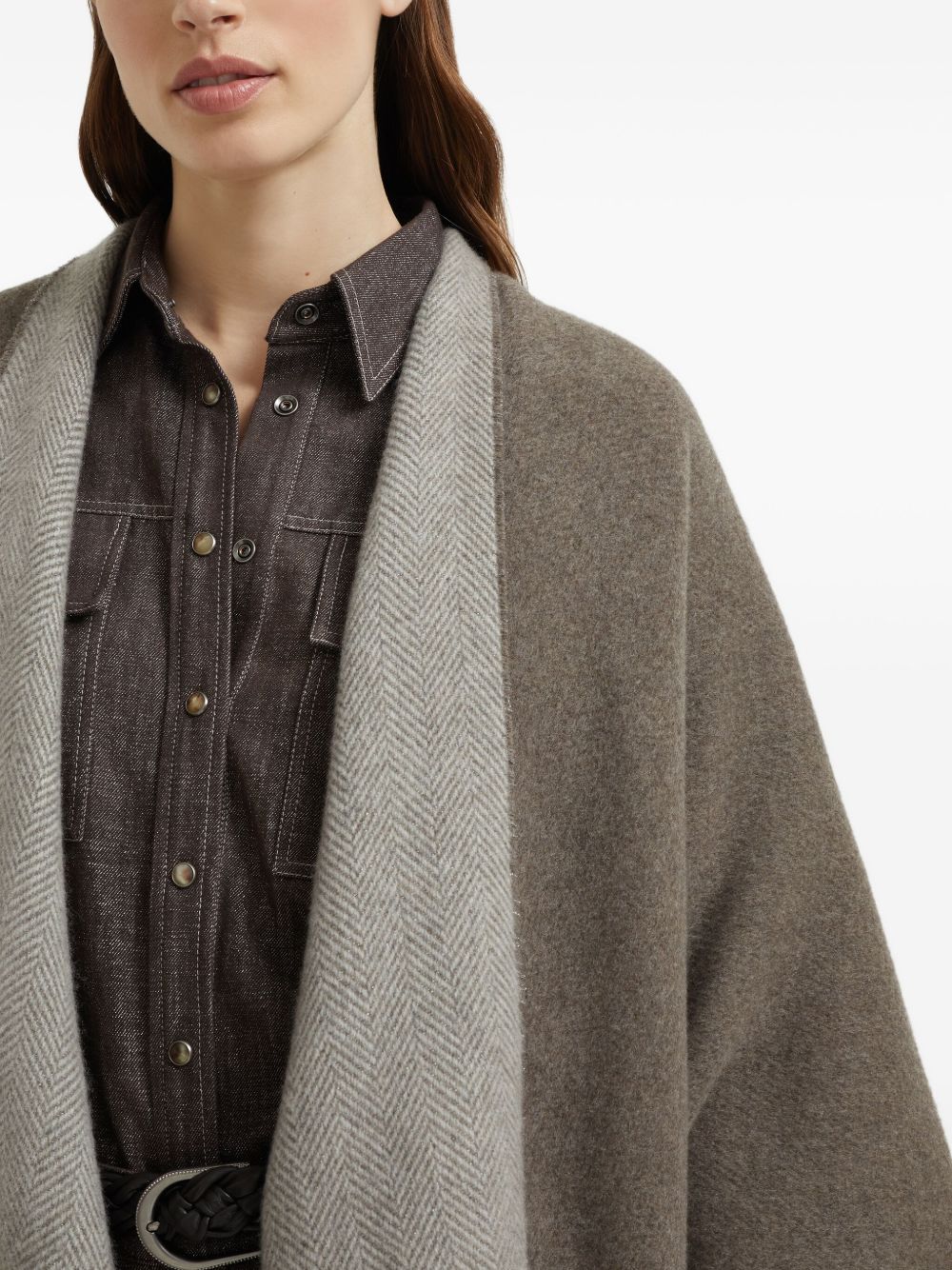BRUNELLO CUCINELLI Wool Poncho with Herringbone Pattern and Fringed Edges