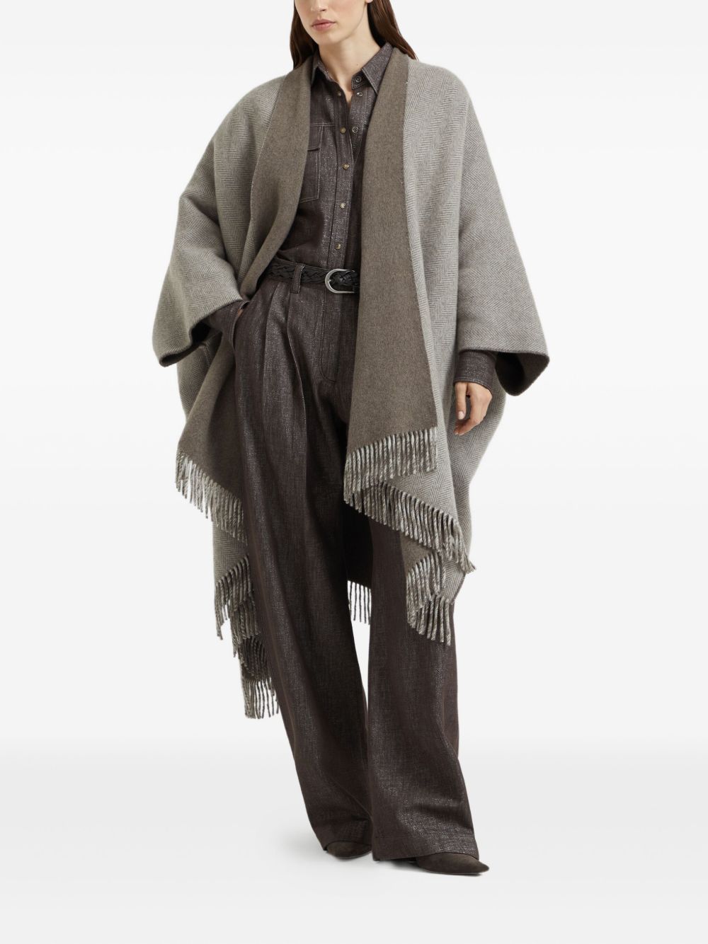 BRUNELLO CUCINELLI Wool Poncho with Herringbone Pattern and Fringed Edges
