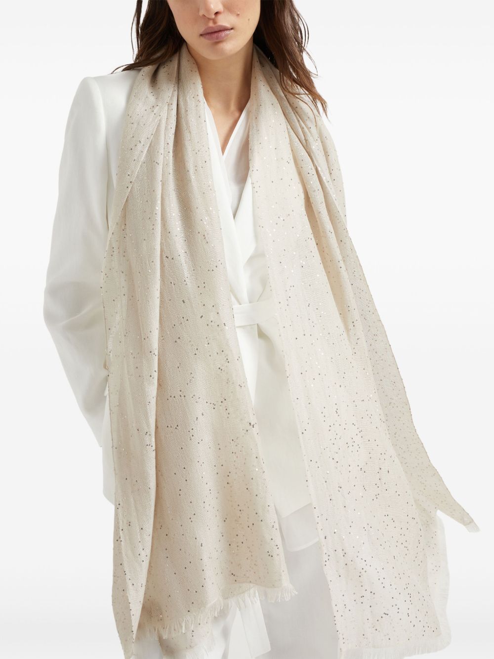 BRUNELLO CUCINELLI Cashmere and Silk Scarf with Sequin Embellishment and Fringed Edge