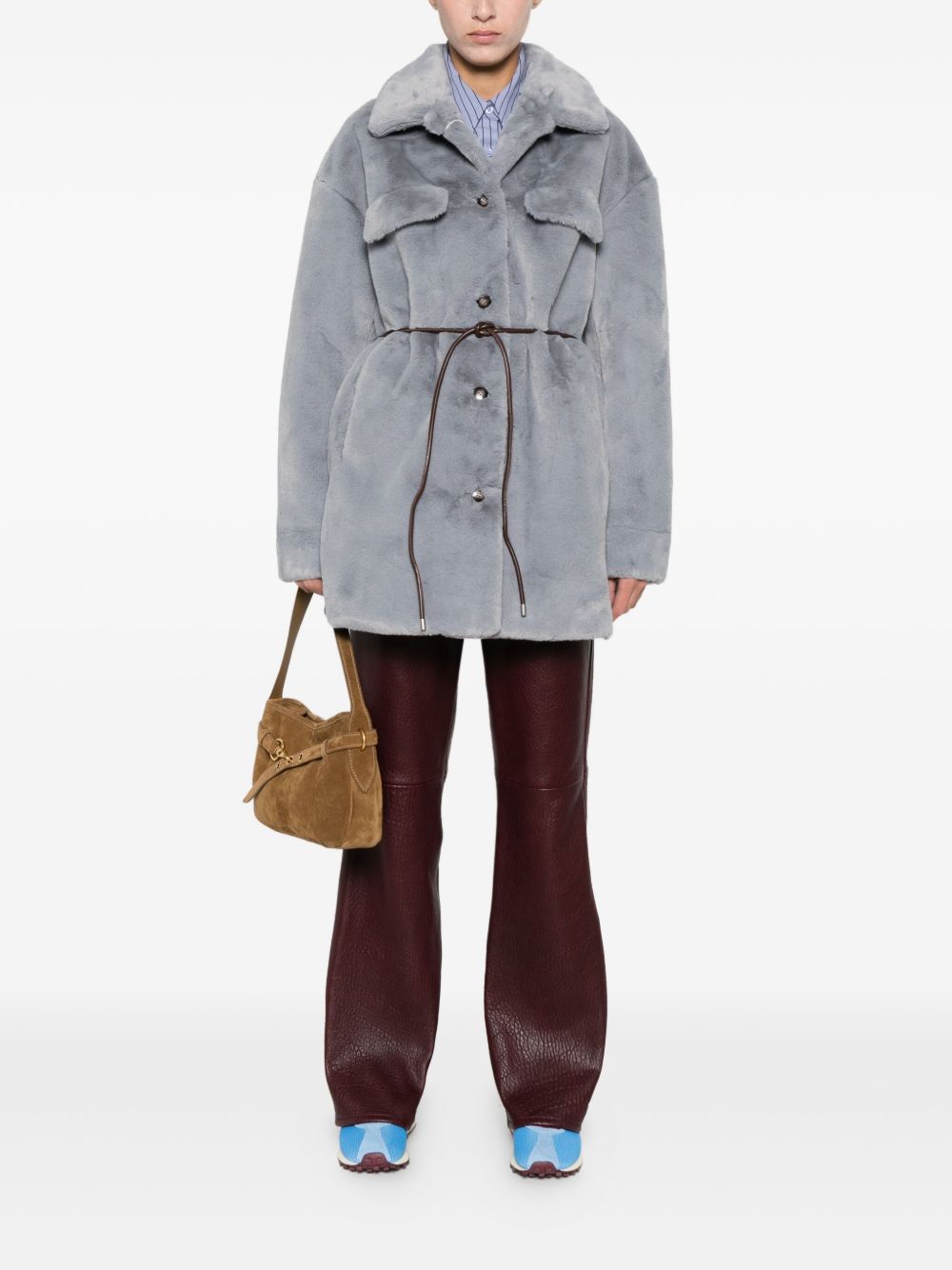 MOLLIOLLI Chic Faux Fur Jacket with Classic Collar and Tie Detail