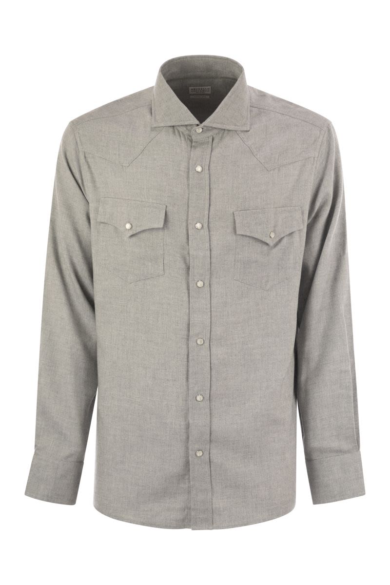 BRUNELLO CUCINELLI Easy Fit Chevron Flannel Shirt with Snap Buttons and Epaulettes