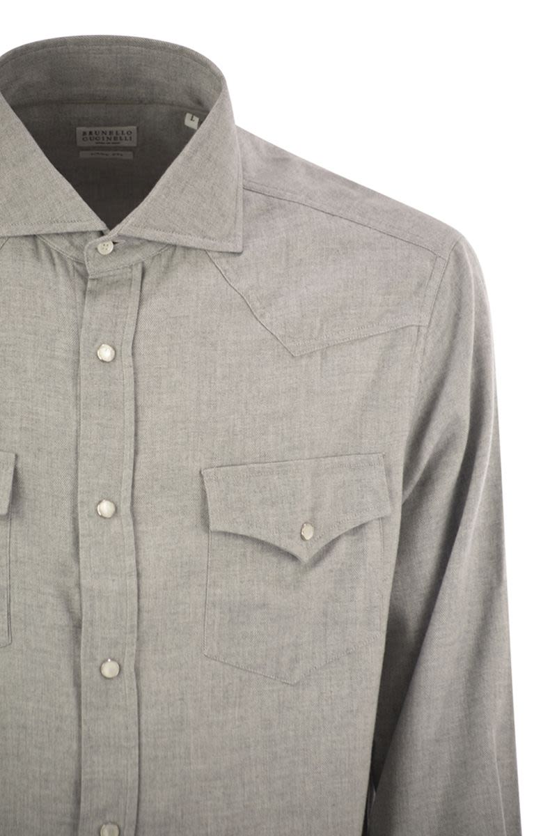 BRUNELLO CUCINELLI Easy Fit Chevron Flannel Shirt with Snap Buttons and Epaulettes