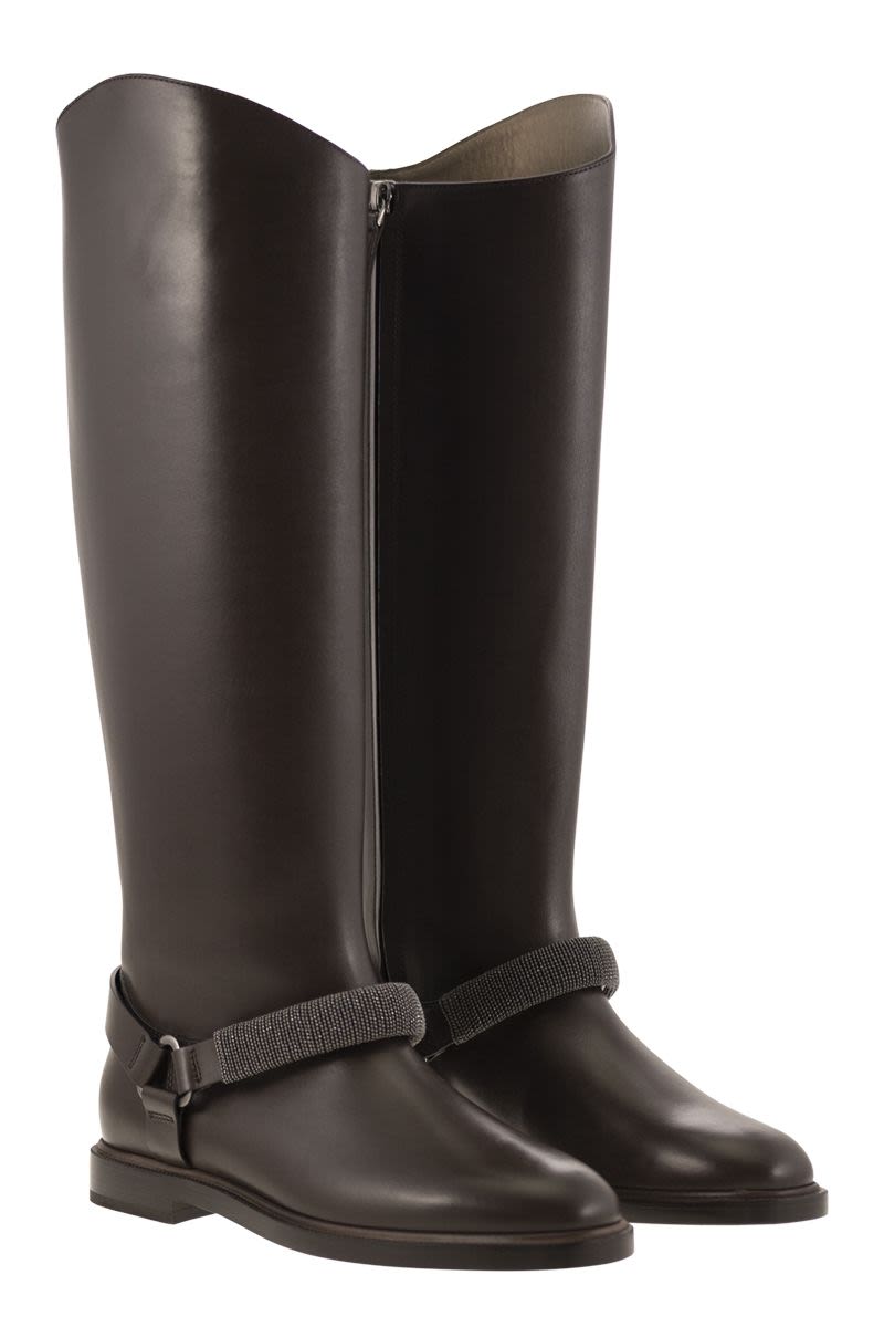 BRUNELLO CUCINELLI High Leather Boots with Precious Ribbed Strap