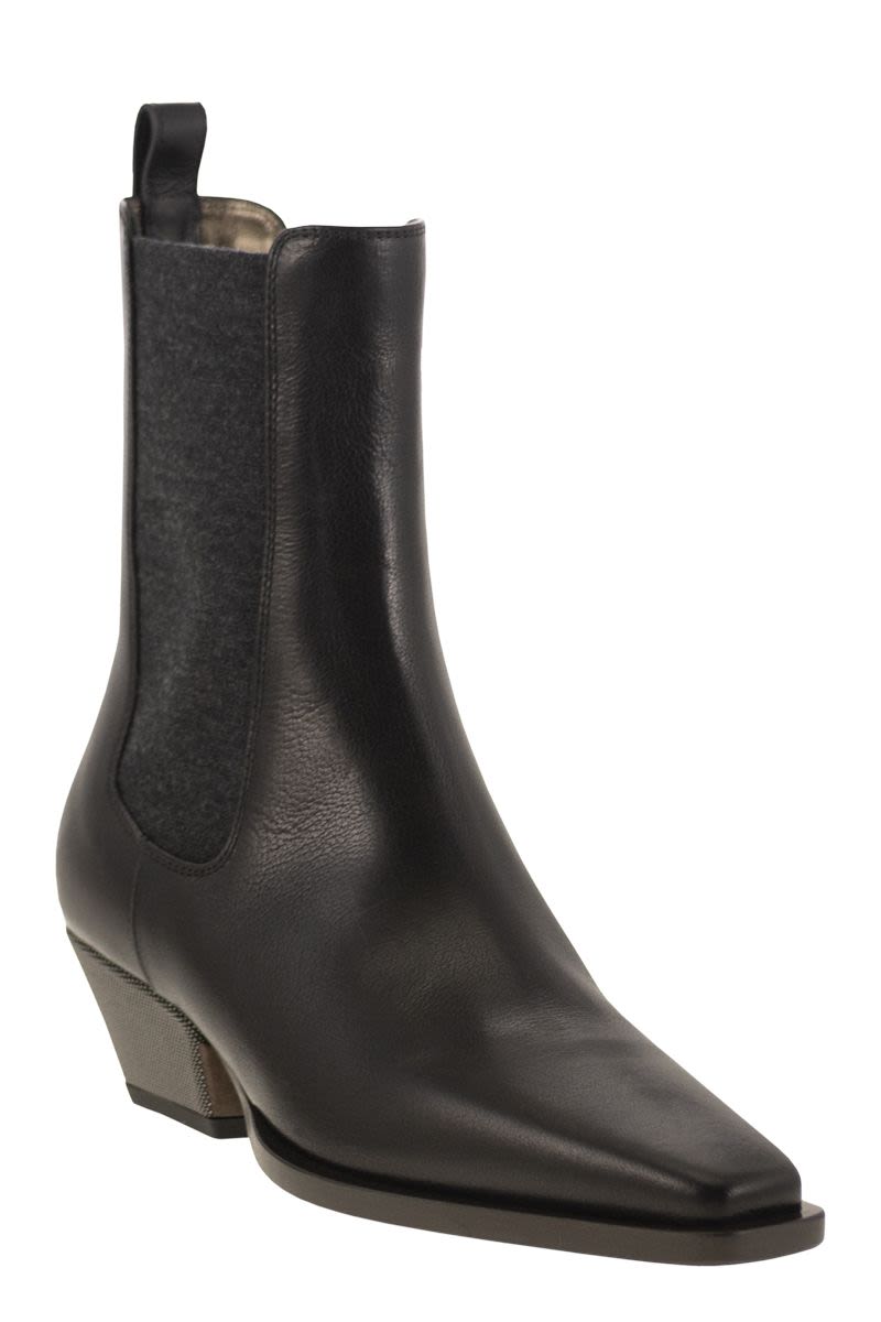 BRUNELLO CUCINELLI Classic Leather Chelsea Boot with Precious Block Heels