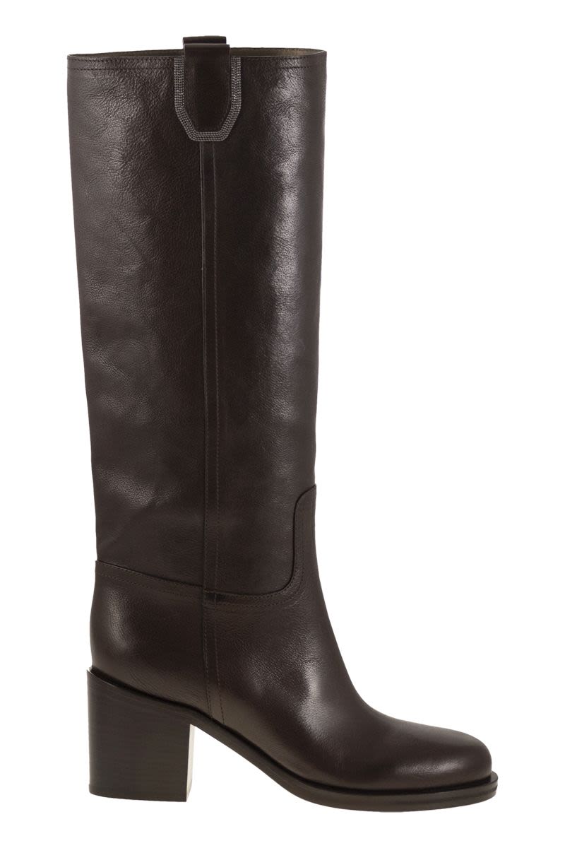 BRUNELLO CUCINELLI Classic Leather Boot with Precious Detailing - 7.5 cm Heel