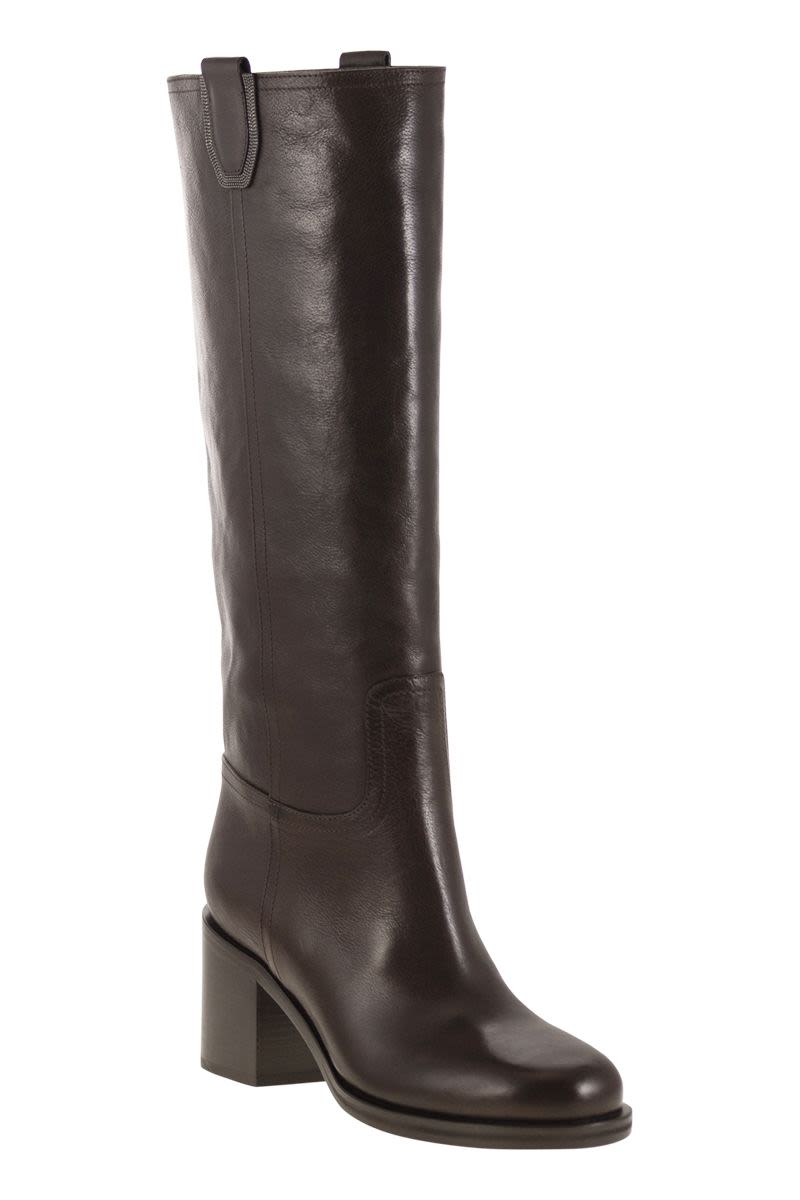 BRUNELLO CUCINELLI Classic Leather Boot with Precious Detailing - 7.5 cm Heel