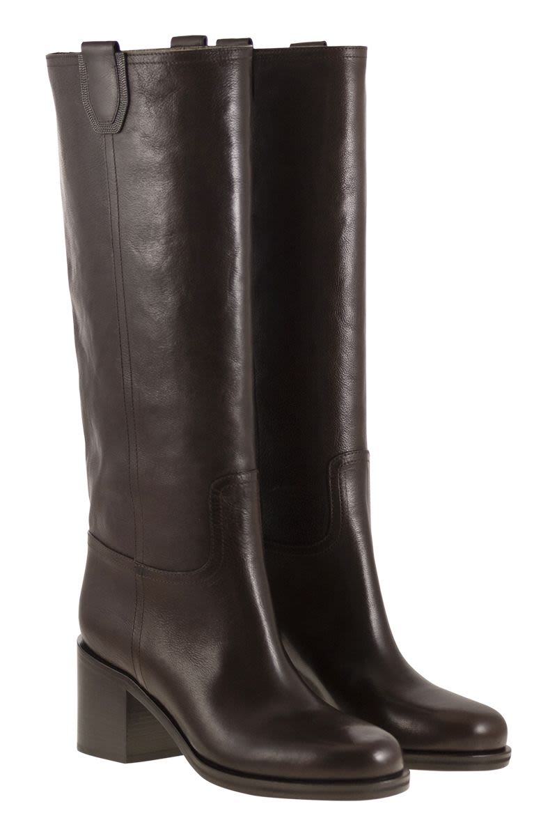 BRUNELLO CUCINELLI Classic Leather Boot with Precious Detailing - 7.5 cm Heel