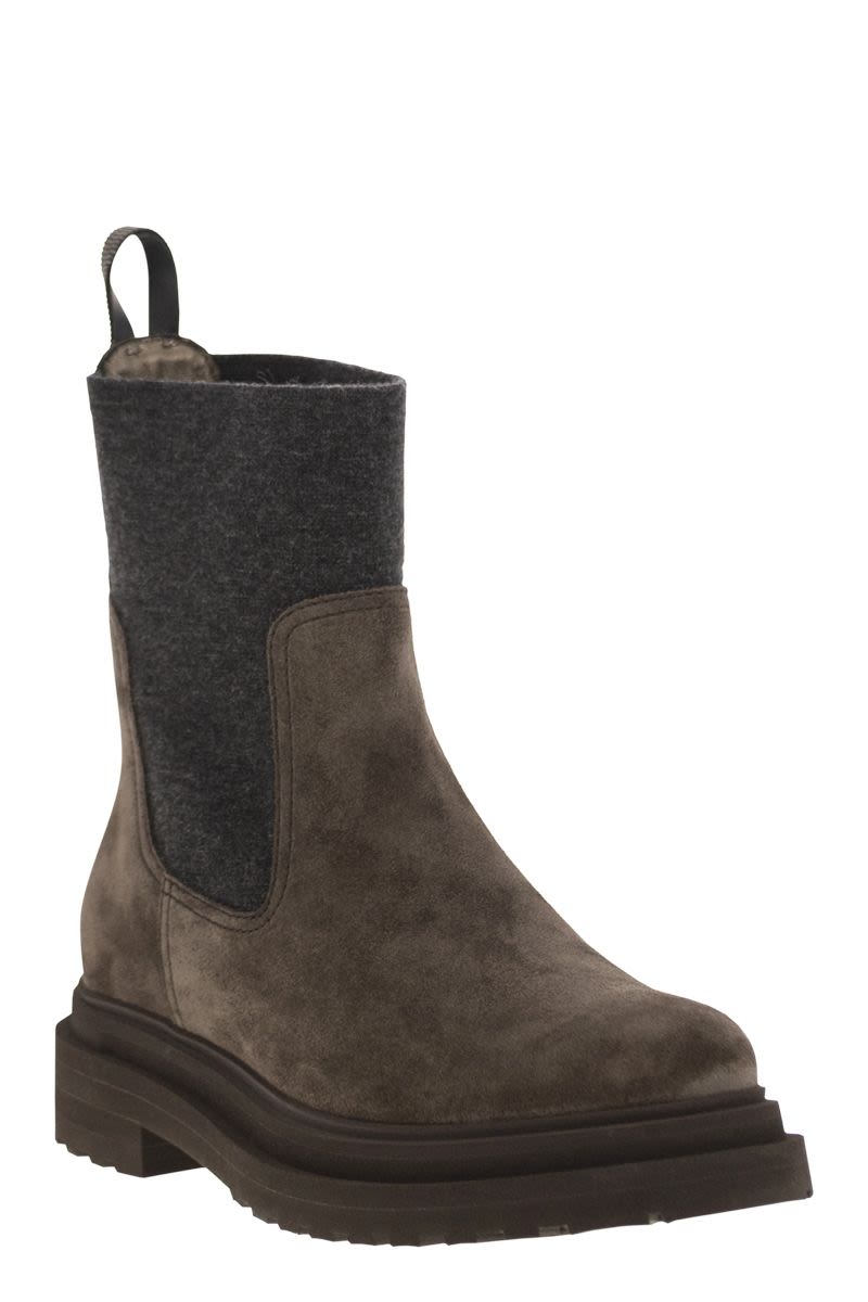 BRUNELLO CUCINELLI Chelsea-Style Suede Boot with Knit Insert and Jewel Loop Detail
