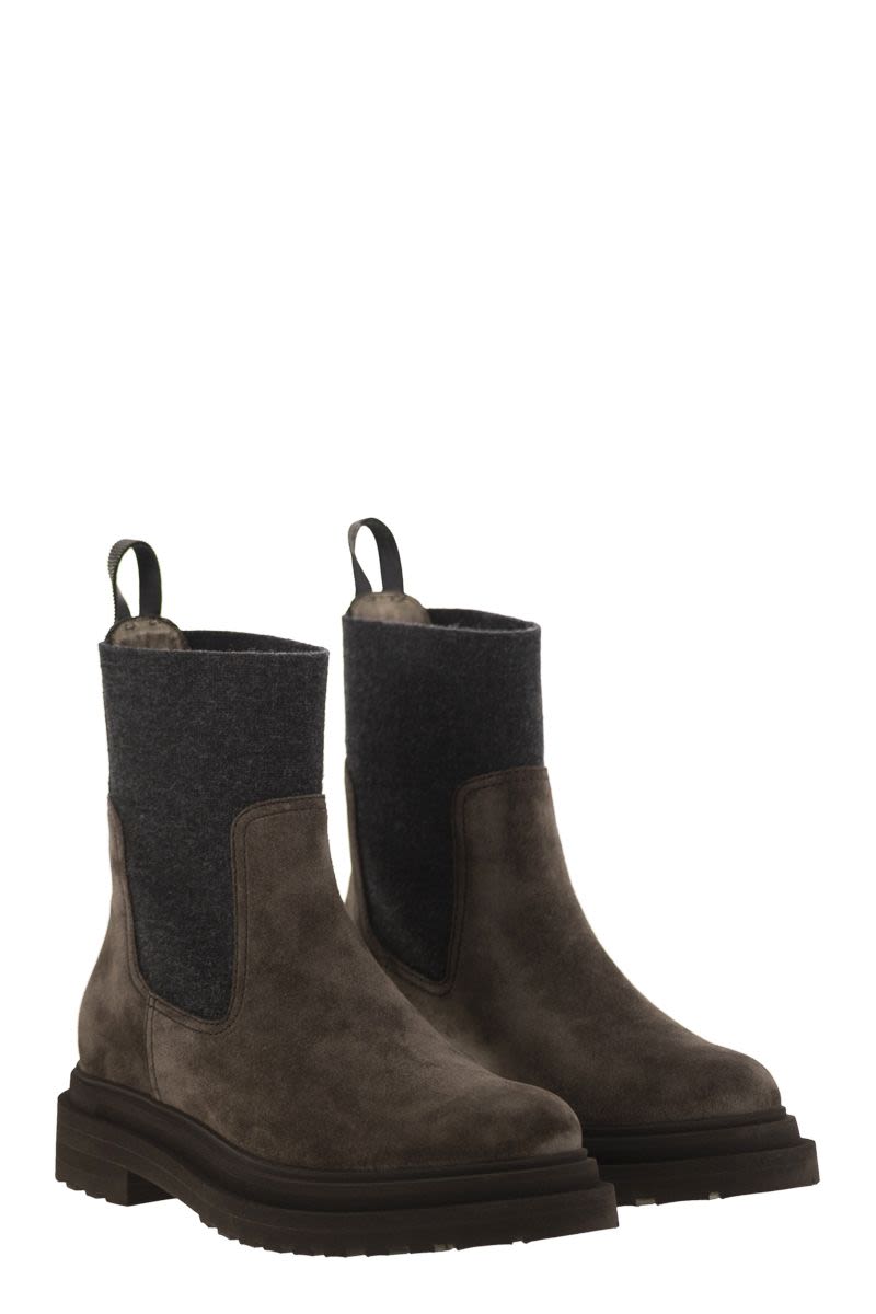 BRUNELLO CUCINELLI Chelsea-Style Suede Boot with Knit Insert and Jewel Loop Detail