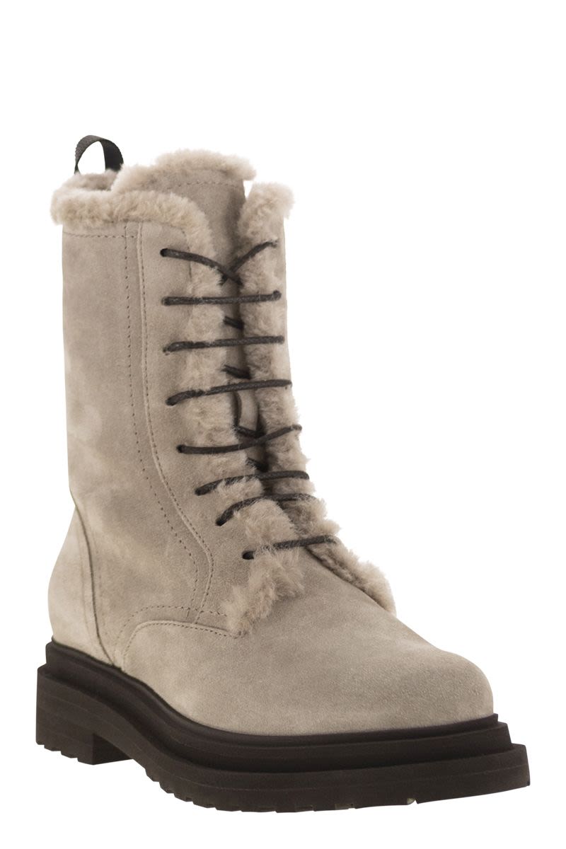 BRUNELLO CUCINELLI Suede Boot with Shearling Lining and Shiny Loop Detail
