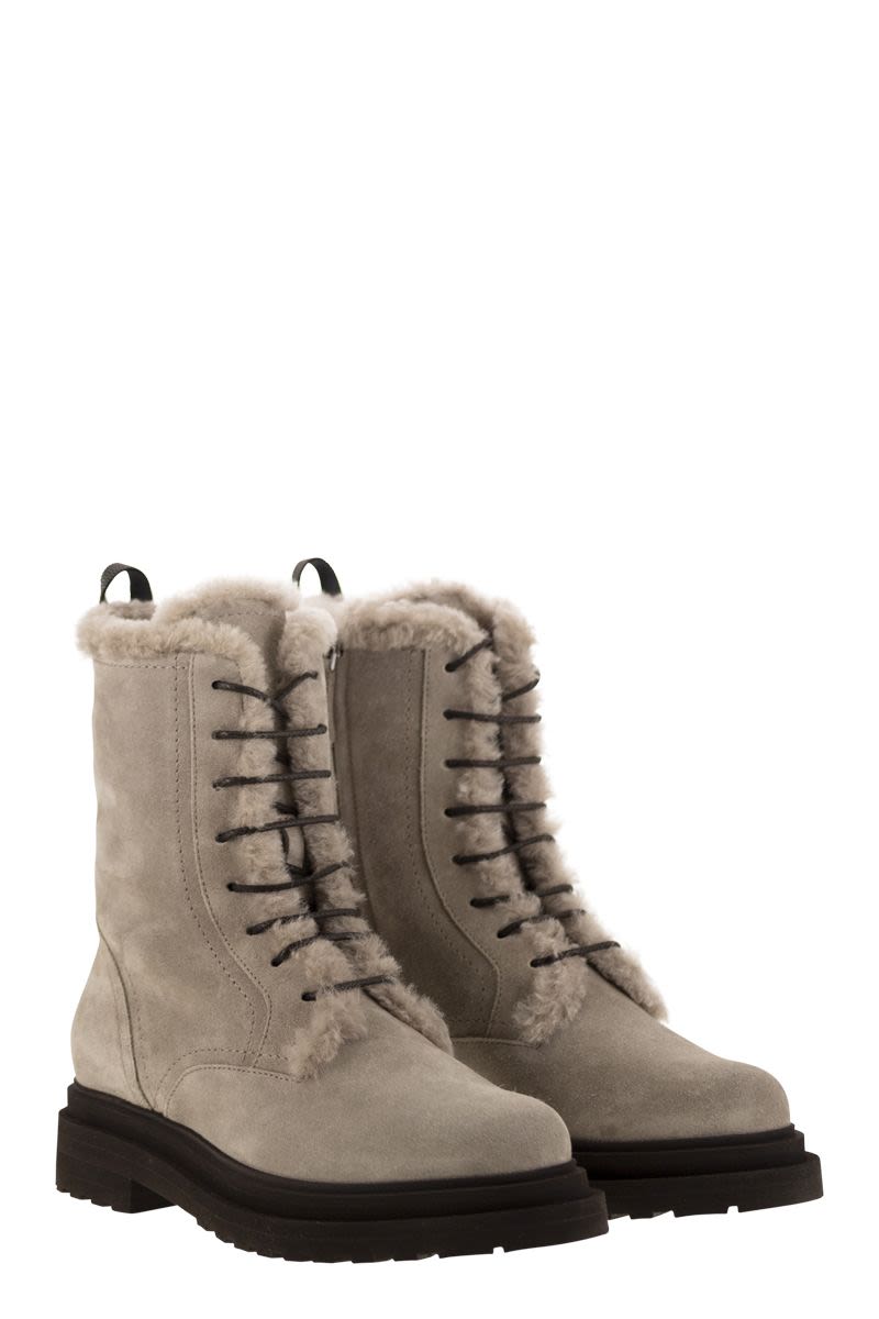 BRUNELLO CUCINELLI Suede Boot with Shearling Lining and Shiny Loop Detail