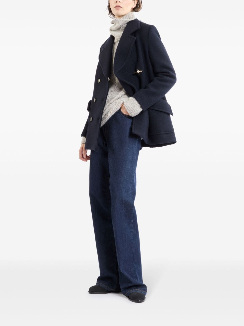 FAY Wool Double-Breasted Pacoat with Notched Lapels