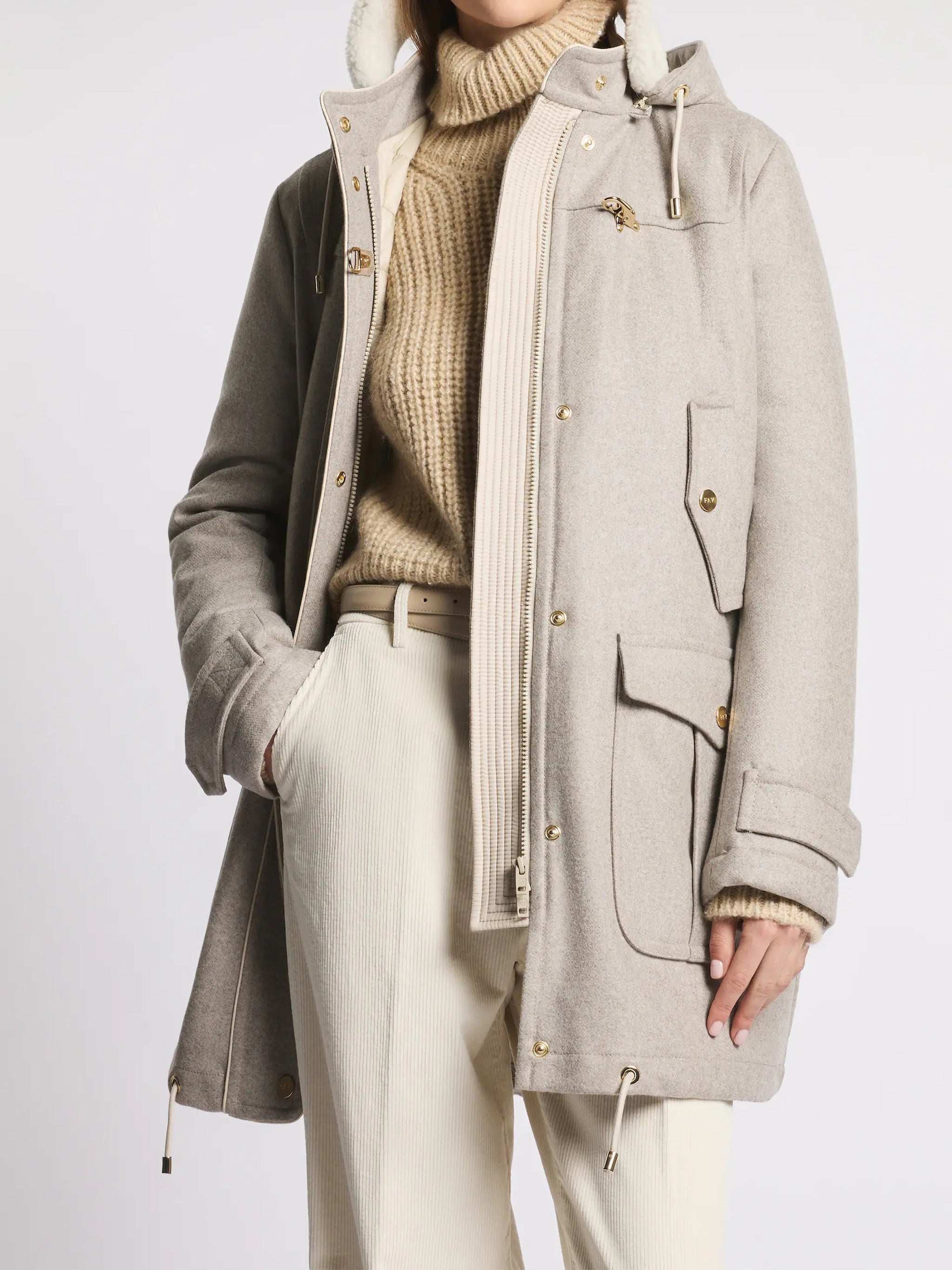 FAY Wool and Cashmere Parka Jacket with Removable Hood
