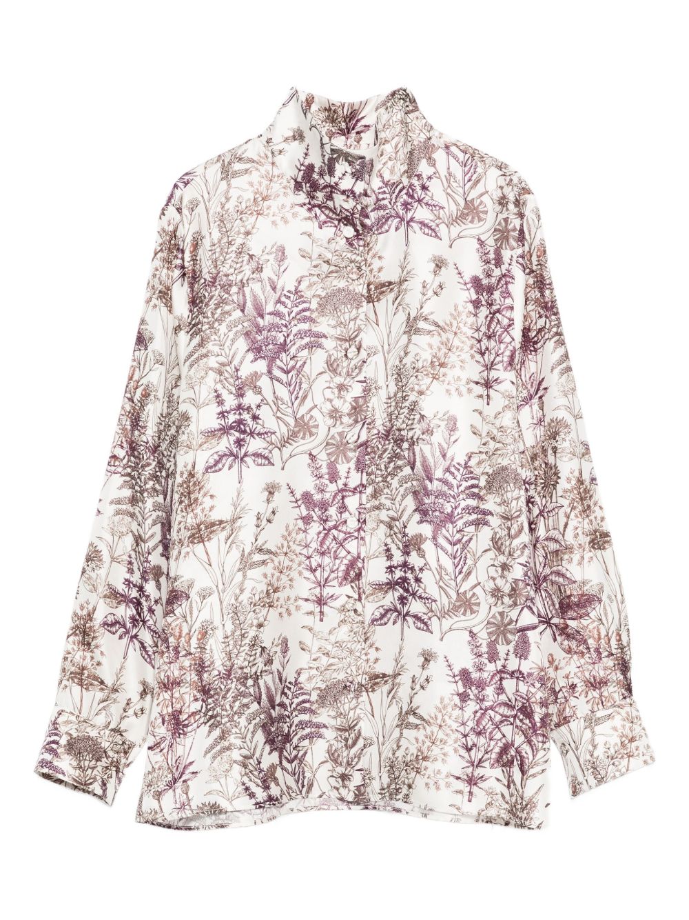 TRAME AUREE Floral Print Silk Shirt with High Neck and Long Sleeves
