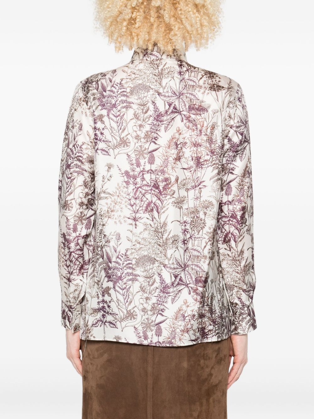 TRAME AUREE Floral Print Silk Shirt with High Neck and Long Sleeves