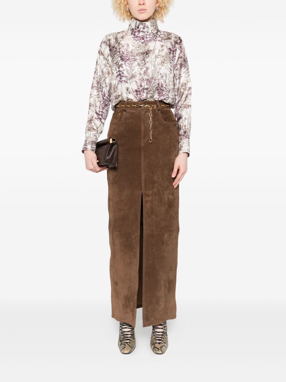 TRAME AUREE Floral Print Silk Shirt with High Neck and Long Sleeves