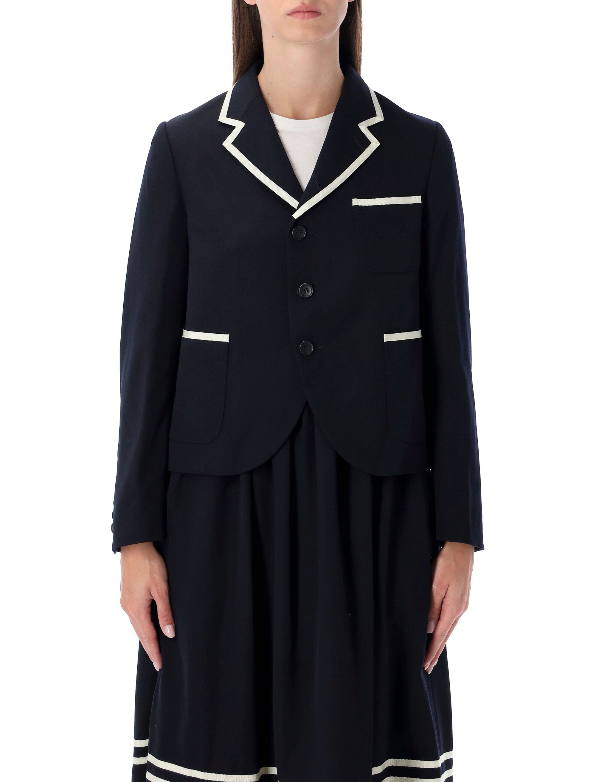 COMME DES GARÇONS Cropped Wool Blazer with Contrast Trim (Size S)
