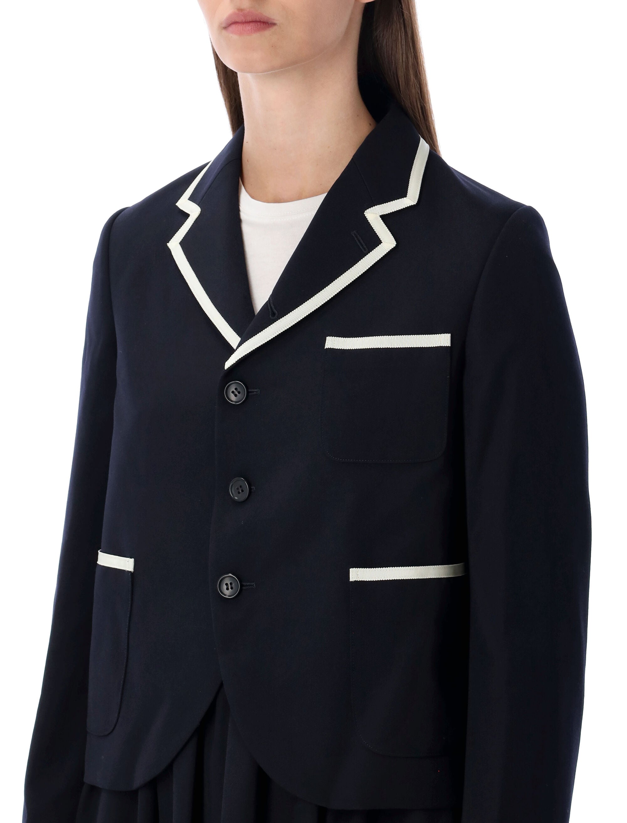 COMME DES GARÇONS Cropped Wool Blazer with Contrast Trim (Size S)