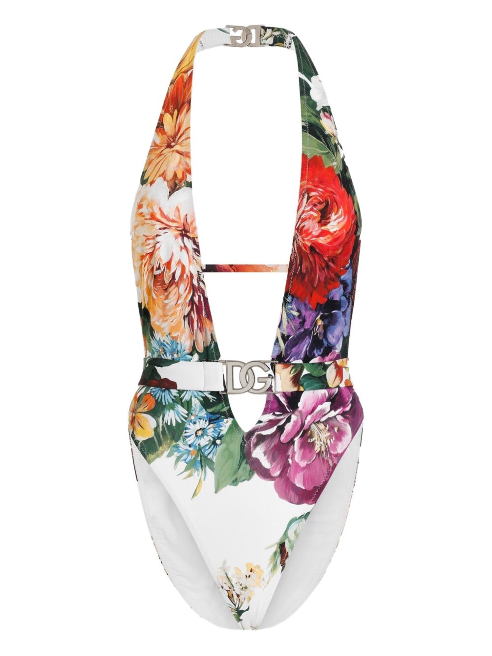 DOLCE & GABBANA Floral Print Swimsuit with Logo Buckle - Women