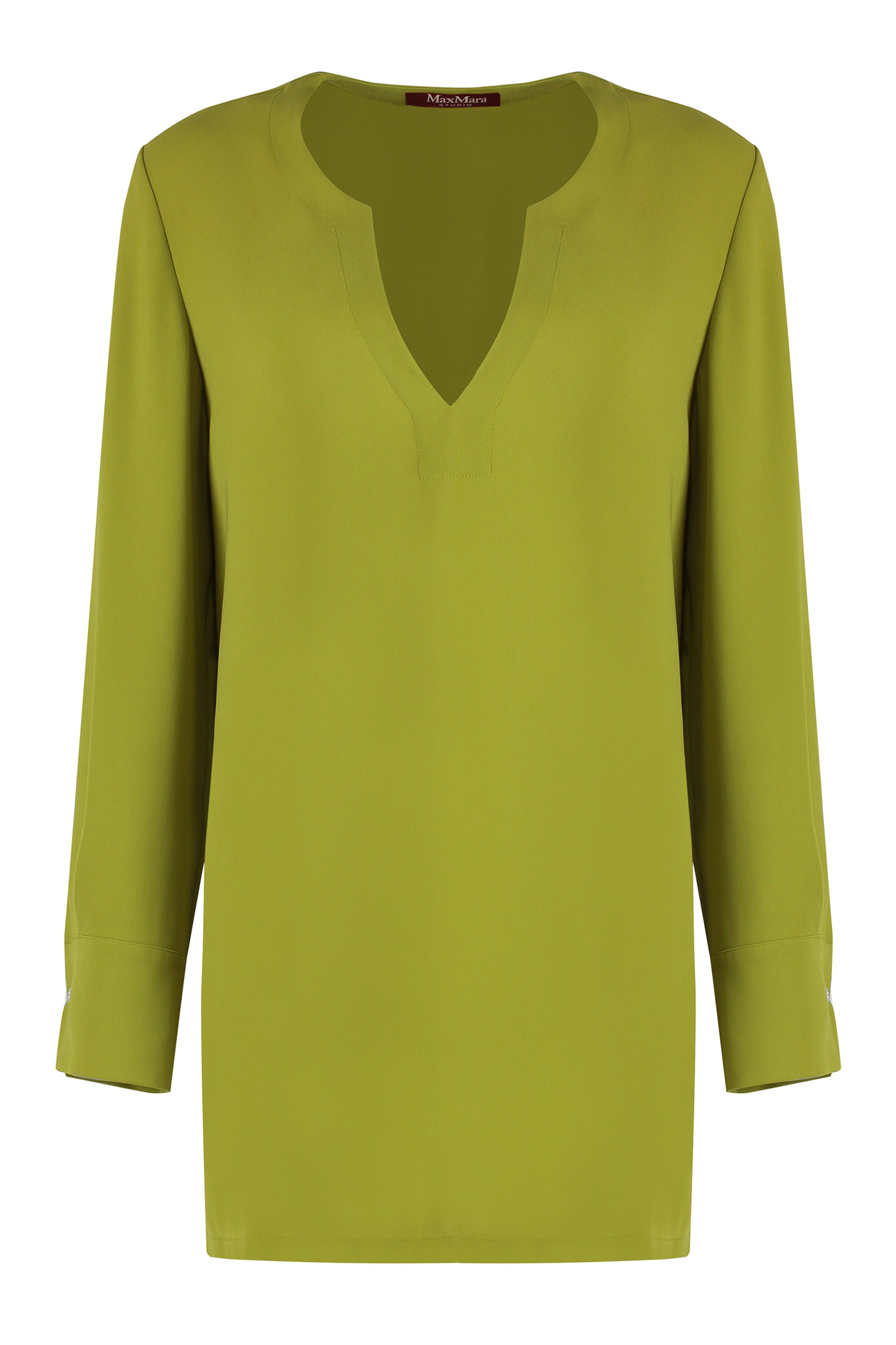 MAX MARA STUDIO Creased Pleated Blouse with V-Neck and Frill Trim