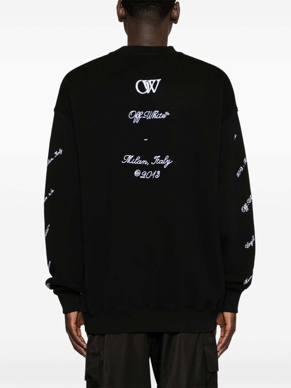 OFF-WHITE Cotton Crew-Neck Sweatshirt with Embroidered Sleeves and Side Slits