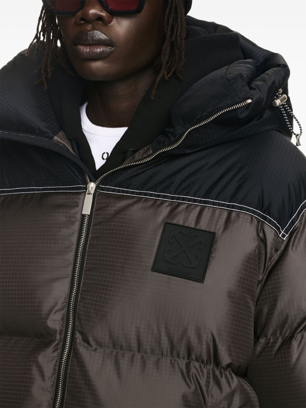OFF-WHITE Men's Patch Down Jacket with Contrasting Hood
