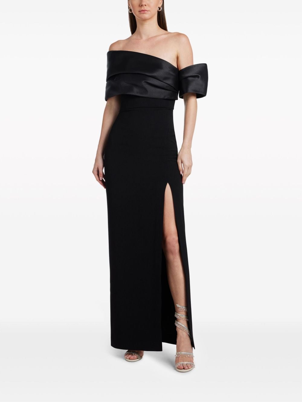 SOLACE LONDON Off-Shoulder Satin Trim Slit Dress
