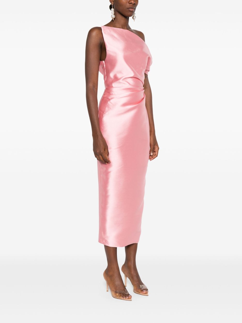 SOLACE LONDON Asymmetric Neck Midi Dress with Ruched Detailing