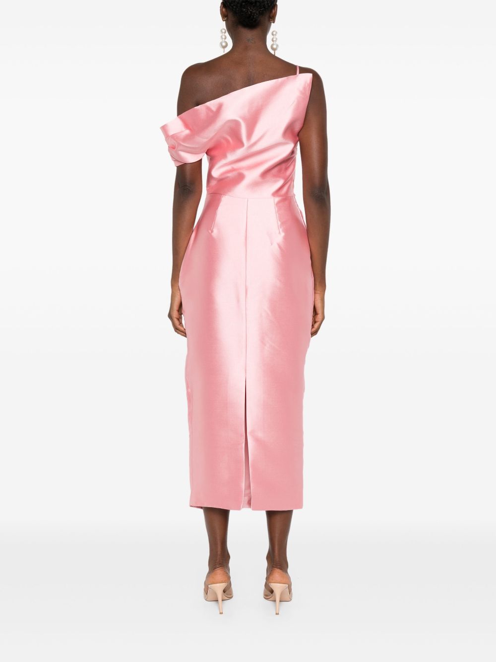 SOLACE LONDON Asymmetric Neck Midi Dress with Ruched Detailing