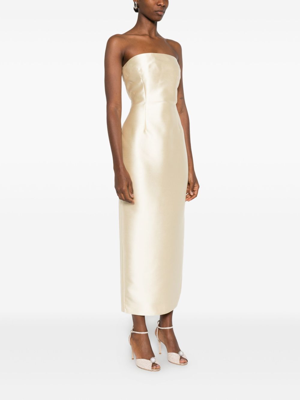 SOLACE LONDON Renee Strapless Maxi Dress with Pearl Flared Sleeves