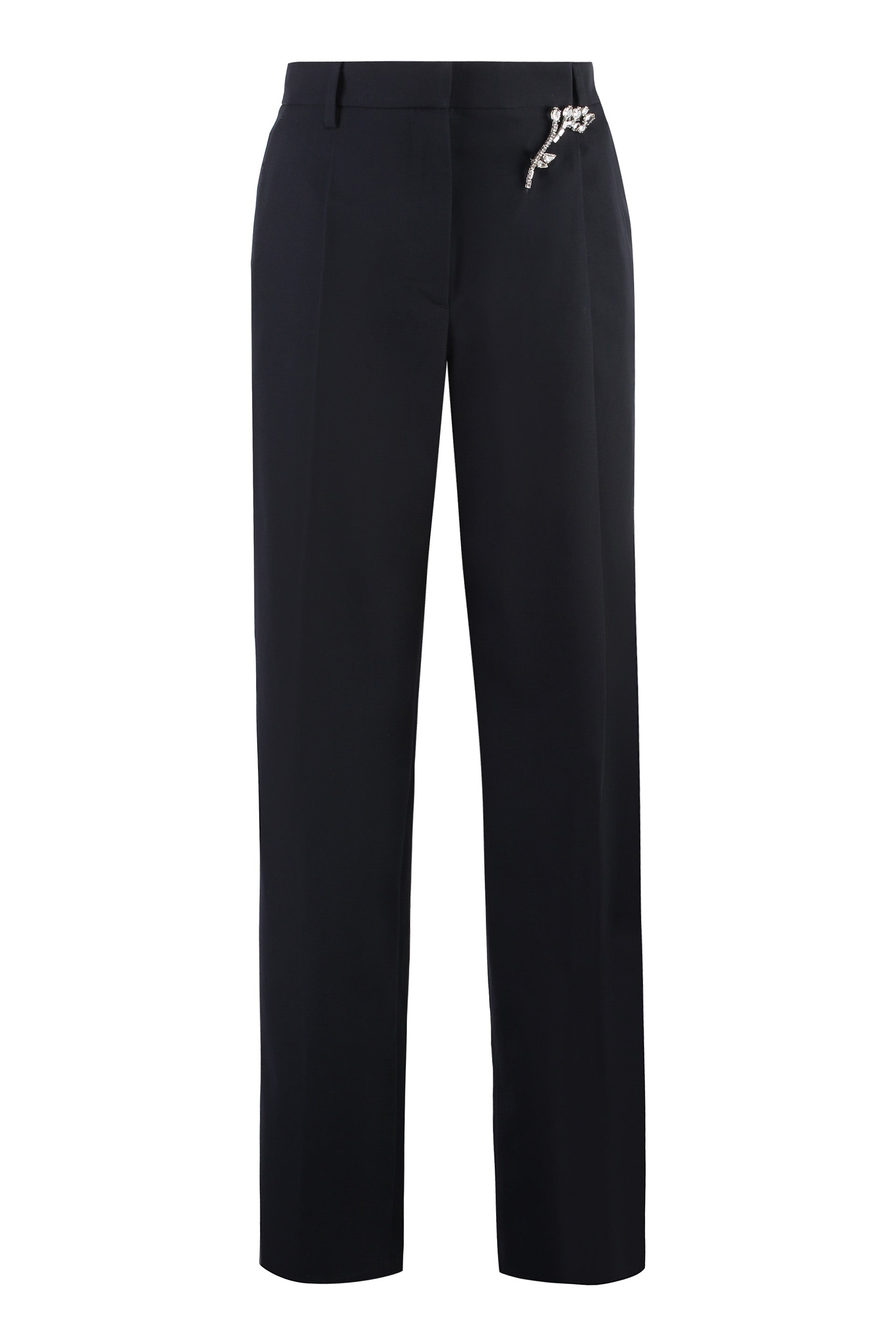 PRADA Wool Gabardine Trousers with Decorative Brooch