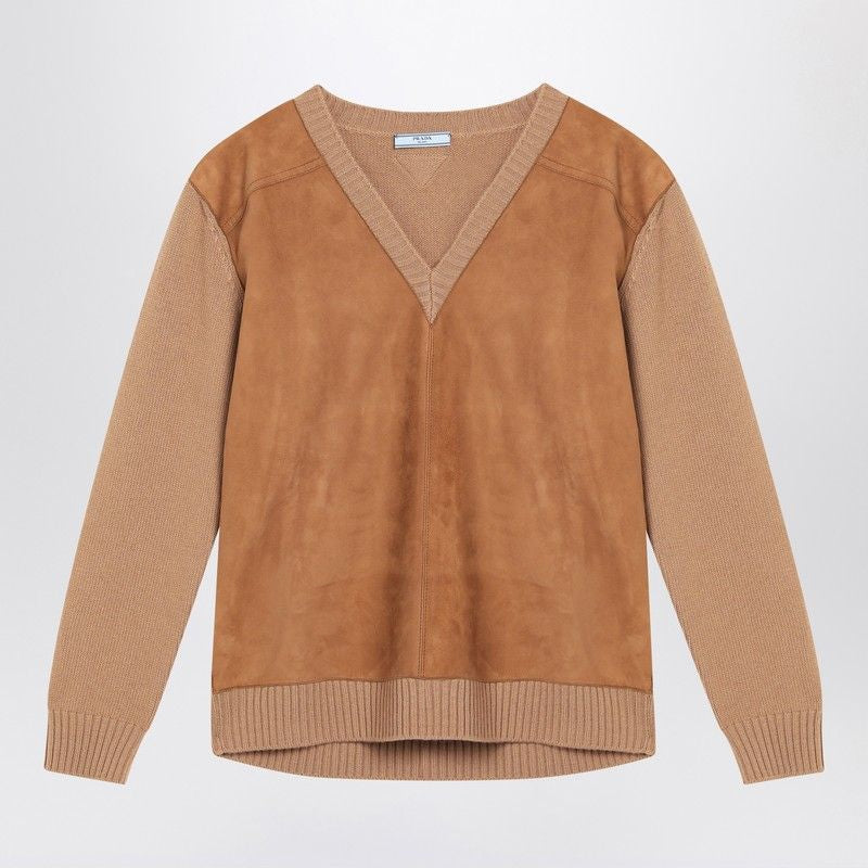 PRADA Wool and Suede V-Neck Sweater for Women